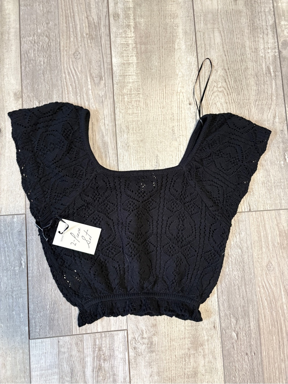 Black Crochet Square-Neck Crop Top with Elastic Hem